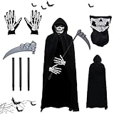 Gxlaihly Disfraz de Parca para Adultos, Halloween disfraz la muerte,con Capucha, Máscara de Calavera, Guantes, Guadaña,Disfraz de parca,Conjunto de Disfraces de Reaper de Halloween