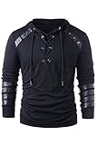Hombres Sudadera con Capucha de Cordones Gothic Steampunk Sudadera de Manga Larga de Caballero Medieval Pullover de Costura de Cuero Vendaje Armadura Negro, XXL