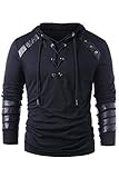 Hombres Sudadera con Capucha de Cordones Gothic Steampunk Sudadera de Manga Larga de Caballero Medieval Pullover de Costura de Cuero Vendaje Armadura Negro, L