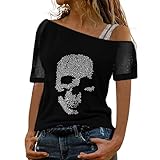 YOSUWOAI Camiseta de verano para mujer, con diseño de calavera y diamantes de imitación, blusa suelta, gótica, brillante, bar, fiesta, carnaval, punk, hip hop, clubwesr, O negro., S