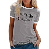 Camiseta de Manga Corta con Estampado de Espina de Pescado para Mujer, Camiseta Informal de Verano con Cuello Redondo y Colores Contrastantes Camiseta Mujer Lentejuelas