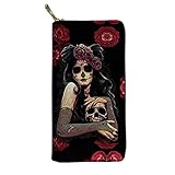 Biyejit Cartera de piel con estampado de calavera de azúcar rosa para mujer, gran capacidad, soporte para tarjetas de crédito, bolso de mano para teléfono