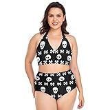 LI ZHI XIN Conjunto de traje de baño para mujer, bikini de dos piezas, cuello en V, cintura alta, talla grande, trajes de baño XXXL con patrón de calavera, multicolor, L Grande