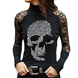 Ybing Camiseta de manga larga de encaje para mujer, estampado de calavera con estampado de calavera, cuello alto, costuras de encaje de moda, blusa de manga larga, blusa delgada, parte superior