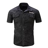 Iris Sprite Camisas de manga corta para hombre, 100 % algodón, con botones, Negro Puro, M