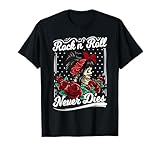 Rock n Roll Never Dies Rockabilly Girl Skull Tattoo Pin-Up Camiseta