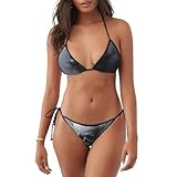 DUWAA Bikinis con estampado de calavera fantasma de terror, ropa de vacaciones en la playa para mujer, traje de baño de dos piezas para el verano, Negro -, Large