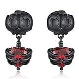 Pendientes de calavera de plata de ley 925, aretes góticos de calavera negra con corazón rojo CZ Halloween punk calavera joyería regalo para mujeres y hombres, Plata de ley