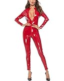 DULEE Mujeres de Cuero Traje Ajustado Clubwear Fuax Bodis Teddy Lingerie Nightclub Jumpsuits Catsuit,Rojo 3XL