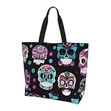 YHBLYKXP Bolso de hombro con estampado de calaveras coloridas, bolso de mano para mujer, bolsa de compras de gran capacidad, bolsa con asa superior, negro, talla única, Negro, One Size