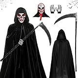 JLTXKST Disfraces Reaper de Halloween,Disfraz de parca,Disfra Muerte Adulto,con Capucha, Máscara de Calavera, Guantes, Guadaña,Capa de Muerte para Adultos para Carnaval Costume Cosplay