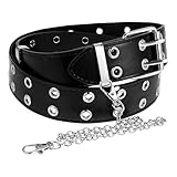 JJUNW Cinturón de cuero negro, cinturón punk, cinturón de metal con doble ojal, cinturón gótico, cinturón emo para hombres y mujeres, Negro -, M