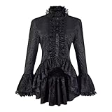 Zanisouta Blusa gótica victoriana para mujer, camisa de lolita fruncida, vintage, blusa informal alta, baja, irregular, volantes, dobladillo de loto, ropa de salón, tops medievales, O negro., L
