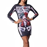 JONRRYIN Disfraz Esqueleto Mujer, Vestido Esqueleto Mujer, Vestido de Esqueleto Mujer con Medias de Red, Vestido de Halloween de Mujer Sexy Terror, Disfraz Halloween Mujer Esqueleto Vestido (XL)