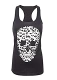 Camiseta de tirantes para mujer, diseño de calavera con estampado de leopardo, color negro Negro S