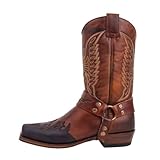 2025 Botas de hombre con suela de media altura, punta cuadrada, botas de cuero bordadas estilo occidental, botas con cremallera lateral, tacón bajo, cómodos, zapatos de hombre, café, 44 EU