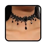 Handcess Gargantilla gótica de encaje con cuentas negras collares de borla con diamantes de imitación gargantilla de flores huecas para mujeres y niñas