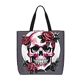 Bolso de mano con diseño de calavera de rosa para mujer, bolso de hombro grande con asa superior para viajes, trabajo, Negro -, Talla única
