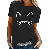 Camiseta de manga corta con cuello en O para mujer, primavera, verano, gatos 5 sin gastos de envío, Negro , L