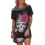 WEITING Vestido de Talla Grande Europeo y Americano, Vestido de Mujer de Manga Corta con Estampado de Calavera y Hombros Inclinados, Moderno y Sexy-Negro-S