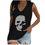 Camiseta Calavera Mujer Mexicanas Camiseta sin Mangas con Cuello en V y Estampado Floral con Lentejuelas para Mujer Camisetas Blancas Mujer Vestir (Black, XL)