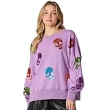 HINAYOSAN Camiseta holgada de calavera con lentejuelas, sudadera de Halloween con lentejuelas para mujer, camiseta casual suelta, sudadera de manga larga con cuello redondo para mujer, suéter de moda