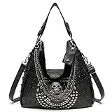 Pasteles de calavera, bolso de cuero de 13.8 pulgadas con calavera de metal y remaches, bolsos góticos, bolso de hombro retro para trabajar, compras, escuela
