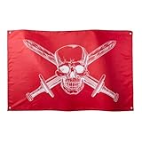 Runesol Bandera Pirata Roja, 91x152cm, 3ft x 5ft, Bandera Pirata de Fiesta de Cumpleaños, Bandera de la Calavera, Bandera de Halloween, Gótica, Interior y Exterior, Colores Vívidos