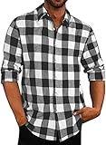 APOONABA Camisa Franela Hombre Manga Larga Cuadros Camisas Hombre Casual Shirts con Botón Vintage Franela Shirt Regular Fit Primavera Otoño Invierno Gris XL