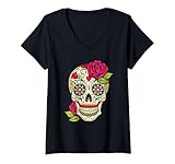 Mujer Calavera de azúcar, Día de los Muertos, Día de los Muertos, Flores Camiseta Cuello V