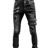 Beokeuioe Pantalones vaqueros con agujeros para moto, personalizados, pantalones góticos, ajustados, varios bolsillos, pantalones punk, negros y azules, para hombre, A negro., XXL