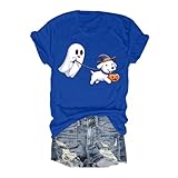 Camiseta casual de manga corta con estampado de Halloween para mujer, divertida, cómoda y elegante, camiseta de calavera con purpurina para mujer, azul, L