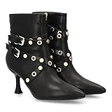 96663 Botin de tacon fino para mujer, diseno de tiras cruzadas con hebillas metalicas y apliques redondos, estilo rockero motero, con punta fina. Ideal para la temporada otono invierno. Negro Talla 37