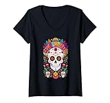 Mujer Coloridas Flores Calavera Tradición Mexicana Dia De Los Muertos Camiseta Cuello V