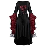 Disfraz Bruja Mujer,Vintage Cuello Cuadrado Vestido Gotico Mujer Disfraces Halloween con Estampado de Calavera Vestido Halloween Mujer con Manga Dolman Halloween Cosplay Disfraz Mujer S-5XL