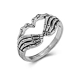 Yienate Anillo de mano de calavera punk, anillo de plata con forma de corazón gótico Skelton para mujeres y niñas