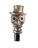 shoperama Bastón con mango de calavera steampunk, cilindro de Googles, bastón de metal, accesorio para disfraz gótico