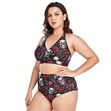 CHIFIGNO Bikini para mujer, talla grande, traje de baño de dos piezas de cintura alta, ropa de playa grande, Calaveras con rosas rojas y ramas-1, XL Más