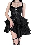 DINGJIUYAN Vestido gótico acampanado con dobladillo plisado para mujer, Harajuku, verano, Lolita, con ribete de encaje, vestidos para mujer, vestidos retro grunge estilo Y2K, 2-Negro, S