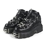 DONLIS Botas de tacón alto para mujer, zapatos de cuero estilo Rock de metal pesado, botas de plataforma gótica, botines con cordones de tacón grueso punk,Negro,38