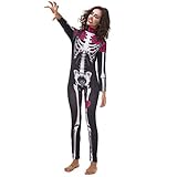 LUOEM Mono Esqueleto de Disfraces de Halloween con Estampado de Rosas Pantalones Siameses Mono de Una Pieza para Mujeres Adultas S