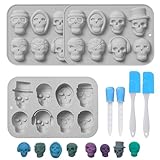 RAFIYU 7 Pcs Moldes de Silicona para Caramelos, Halloween Molde Chocolate, Skull Silicona Molde para Cubitos de Hielo para Caramelos Gelatinas Chocolates Cubitos de Hielo, viene 2 Goteros y 2 Raspador