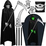 VIPNAJI Negro Largo Capa con Capucha para Halloween Carnaval, Guantes de Esqueleto y Máscara de Calavera Disfraz Plástico Falsa Guadaña Hoz para Adultos Halloween Fiesta Carnival Costume Cosplay