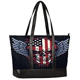 GeMeFv Bolso grande con diseño de calavera y alas de bandera americana, bolsos de mano para mujer con cremallera, bolsa de mano para laptop, bolsa de hombro, regalos para mujeres, alas de calavera de