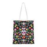 LIXLZH Bolsa de hombro reutilizable con estampado de calavera y flores de terror para vacaciones, compras, comestibles, gimnasio, bolsa de tela, color negro, talla única, Negro, One Size