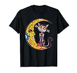 Cráneo de Azúcar Gato y Luna Dia de Los Muertos México Halloween Camiseta