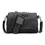 EVEOUT Bolso de Hombro Estilo Punk para Mujer Cuero de PU con Estampado de Calavera Bolso Negro/Cartera Larga para Mujer Monedero con patrón Cruzado de Alta Gama (Bolso de Hombro con Calavera - C)