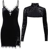 Conjunto de 2 piezas para mujer, vestido gótico vintage punk, Lolita, vestido de terciopelo y cárdigan corto de manga larga grunge, Negro, S