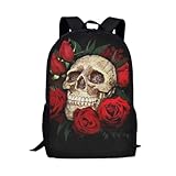 Jeiento Kawaii - Mochila escolar para estudiantes, bolsa de hombro ajustable para niños y niñas, mochila de viaje casual para niños, Calavera y rosa roja
