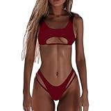 2025 - Conjunto de bikini para mujer con vendaje tipo bandeau push up, ropa de playa brasileña, traje de baño Tow Piece Calavera Tank Top, Vino, S